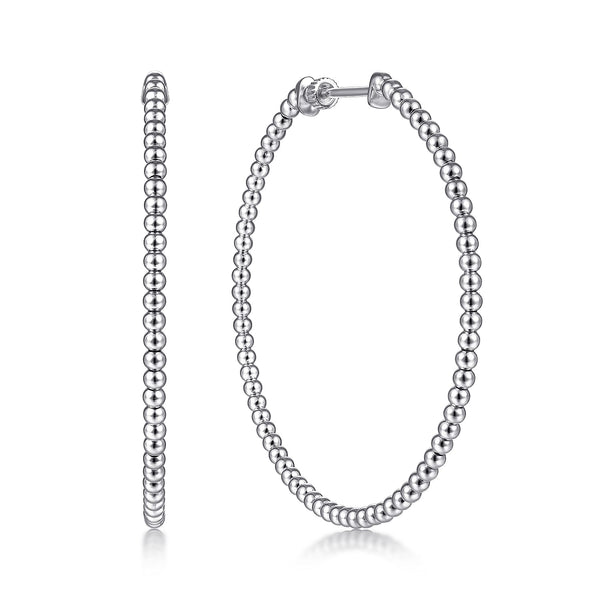 14K White Gold 50mm Bujukan Beaded Round Hoop Earrings