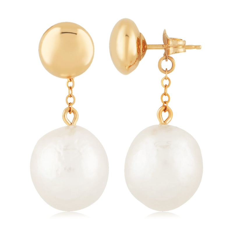 14K Flat Ball Stud W/Baroque Pearl Dangle Earring