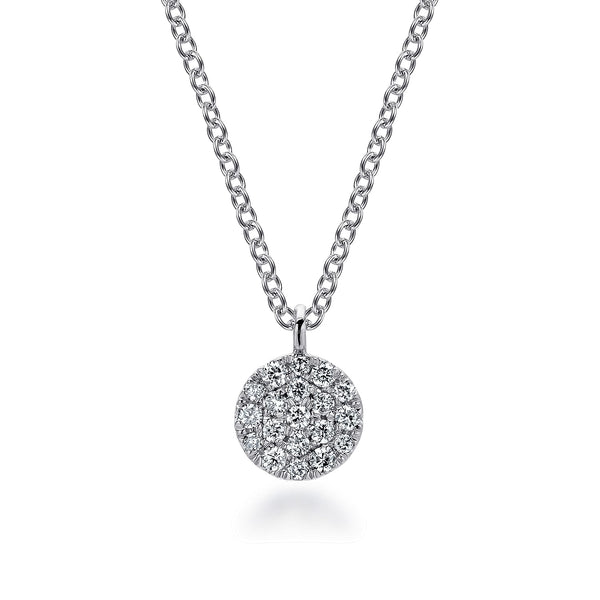 14K White Gold Round Pave Diamond Disc Pendant Necklace