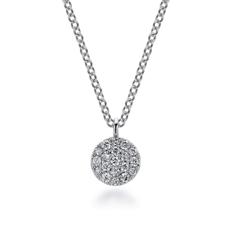 14K White Gold Round Pave Diamond Disc Pendant Necklace