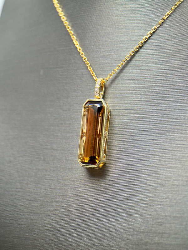 18K Elongated Golden Brown Tourmaline Bezel Pendant Necklace With Diamond Bail