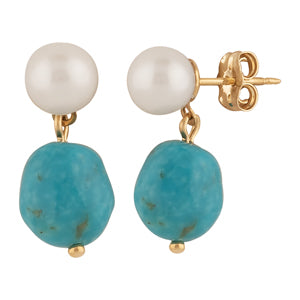 14K Gold Back - Pearl W/Turquoise Stone Drop Earring