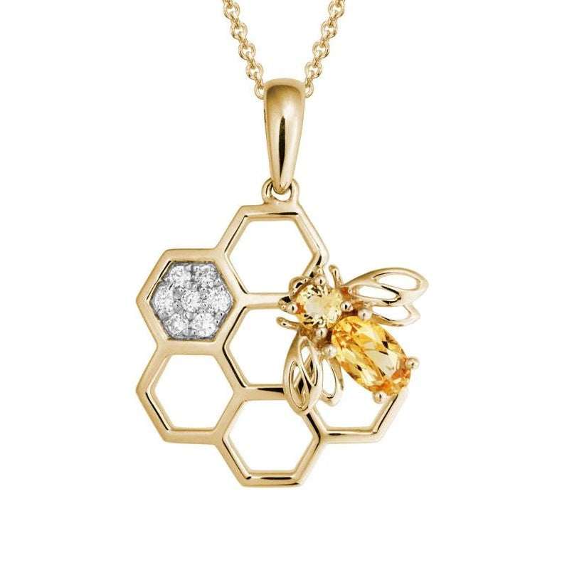 14K Honeycomb And Bee Citrine & Diamond Pendant