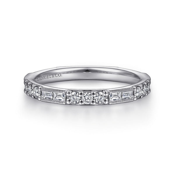 14K White Gold Baguette And Round Diamond Band