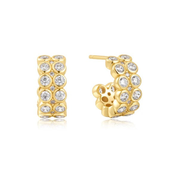 Gold Plate Double Row White Cz Hoop Earring