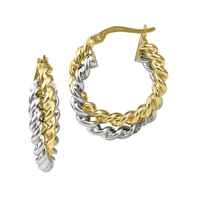 14K Two Tone Yellow And White Gold Twisted Circle Hoop Earrings