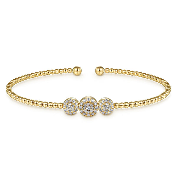 14K Bujukan Bead Cuff Bracelet With Three Pave Diamond Stations