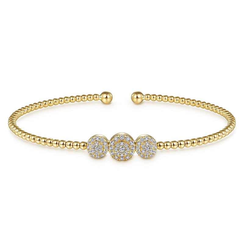 14K Bujukan Bead Cuff Bracelet With Three Pave Diamond Stations