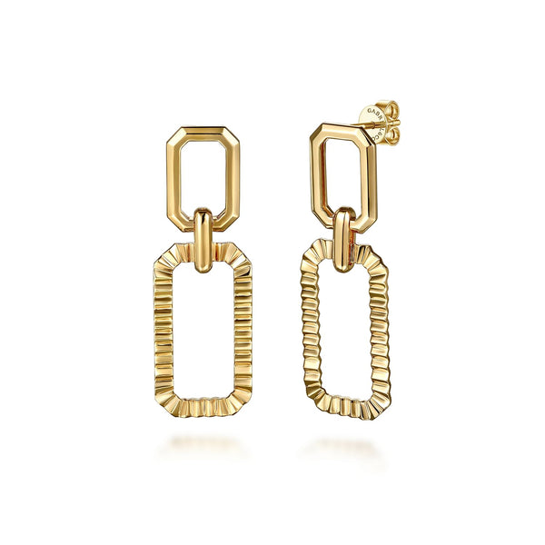 14K Yellow Plain Gold Diamond Cut Link Stud Drop Earrings