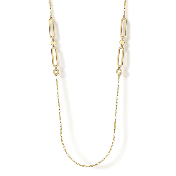 14K Yellow Gold Link Station Necklace With Hollow Paperclip Chain