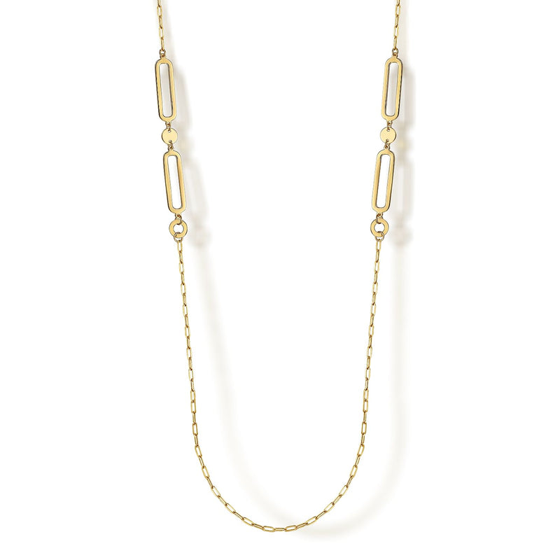 14K Yellow Gold Link Station Necklace With Hollow Paperclip Chain