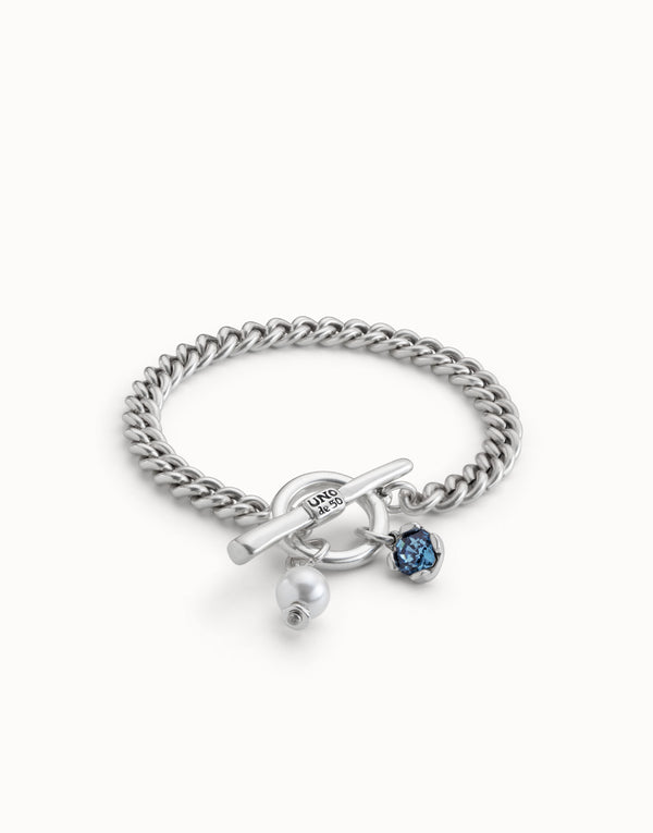 UNOde50 Silver Chain Bracelet with Toggle Clasp, Pearl And Blue Stone Dangle Beads