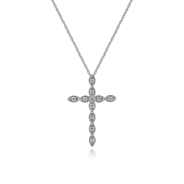 14K White Gold Diamond Cross Pendant Necklace