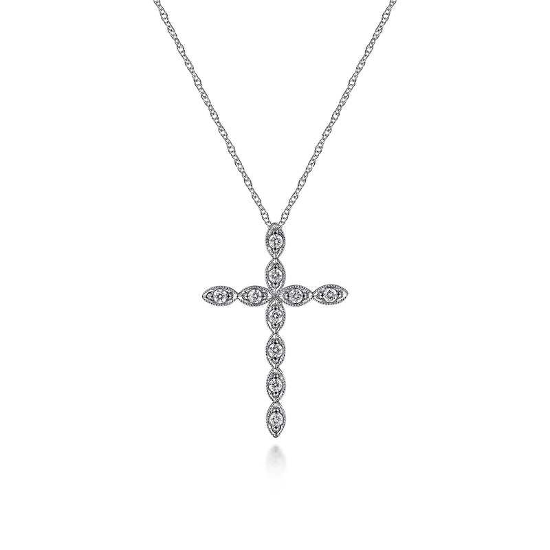 14K White Gold Diamond Cross Pendant Necklace