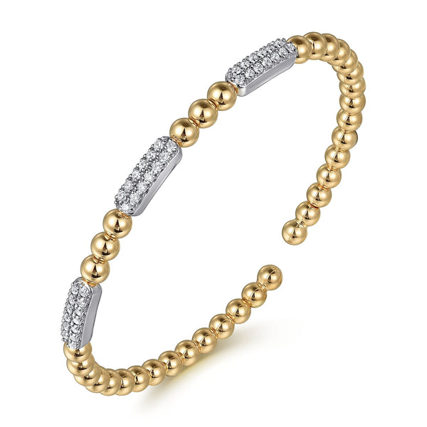 14K Two Toned Diamond Pave Three Station Bangle Bracelet