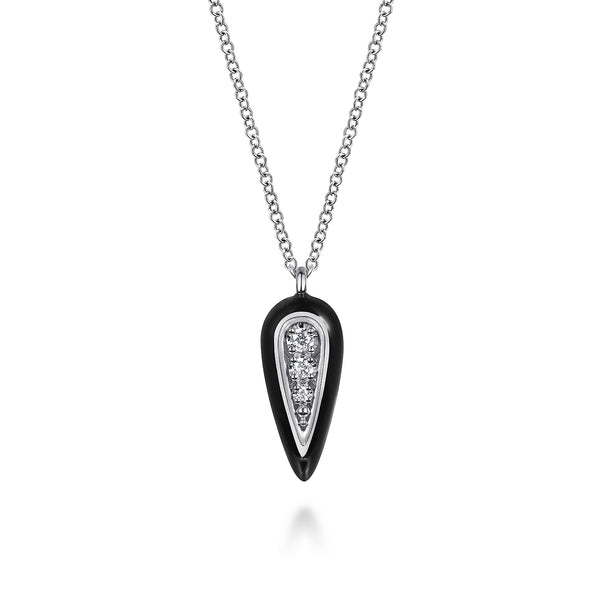 14K White Gold Diamond Pendant Necklace With Black Enamel