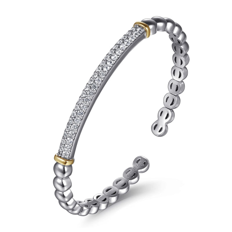 Sterling Silver And 14K  Bujukan Open Bangle With White Sapphire