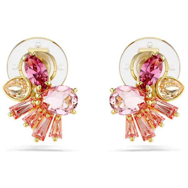 Swarovski Gold Tone Gema Clip Mixed Cut Flower Earrings with Pink