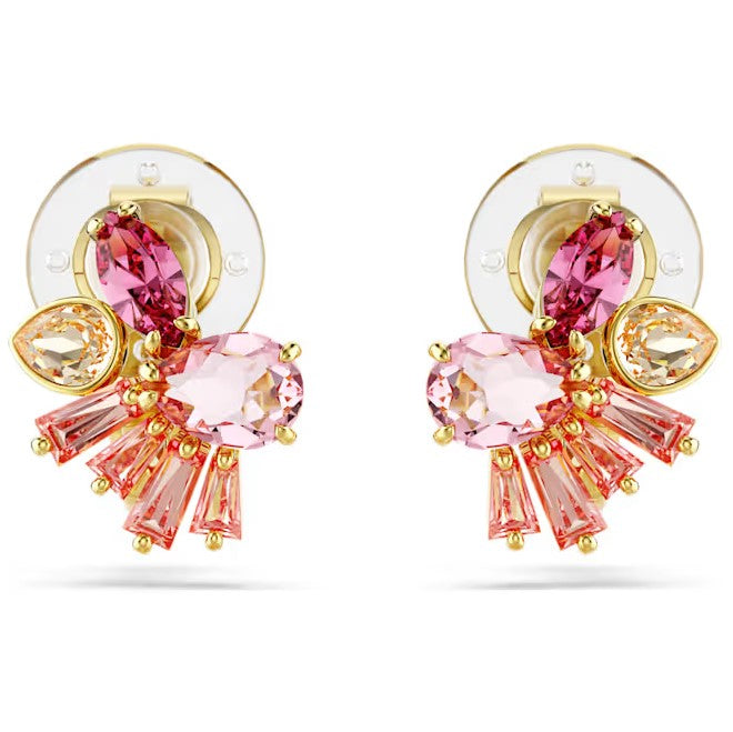 Swarovski Gold Tone Gema Clip Mixed Cut Flower Earrings with Pink