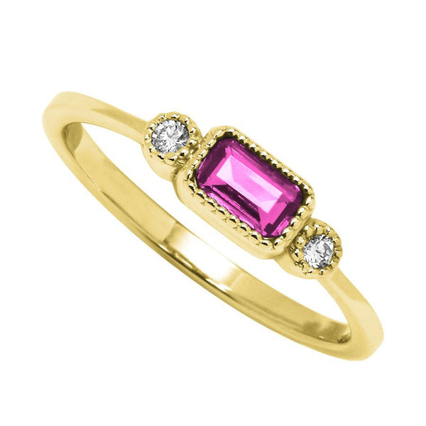 10K Yellow Gold Lab Grown Pink Sapphire & Diamond Birthstone Ring 0.04Ctw - Size 7